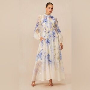 Floral Blue and White Long Sleeve Maxi Dress